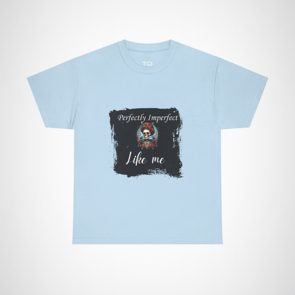 Perfectly Imperfect Skull T-Shirt featuring a skull adorned with roses Light Blue colour