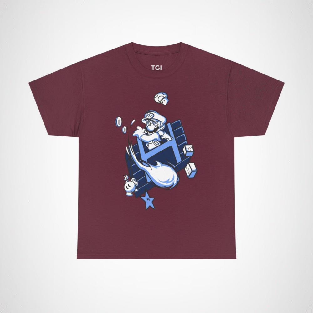 Retro Gamer Mario T-Shirt with vibrant design and gaming elements Maroon colour