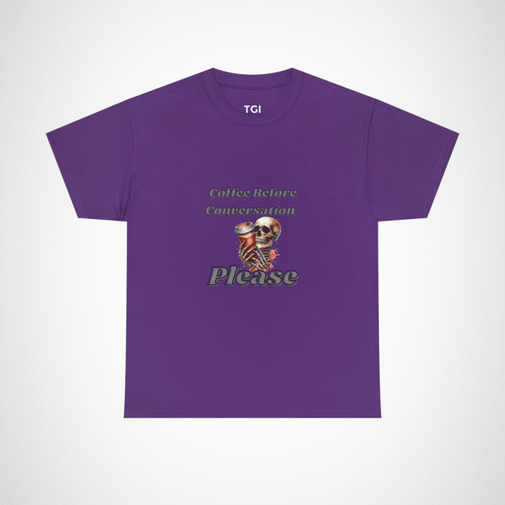 Skull design holding a coffee cup on a t-shirt for coffee lovers Purple colour