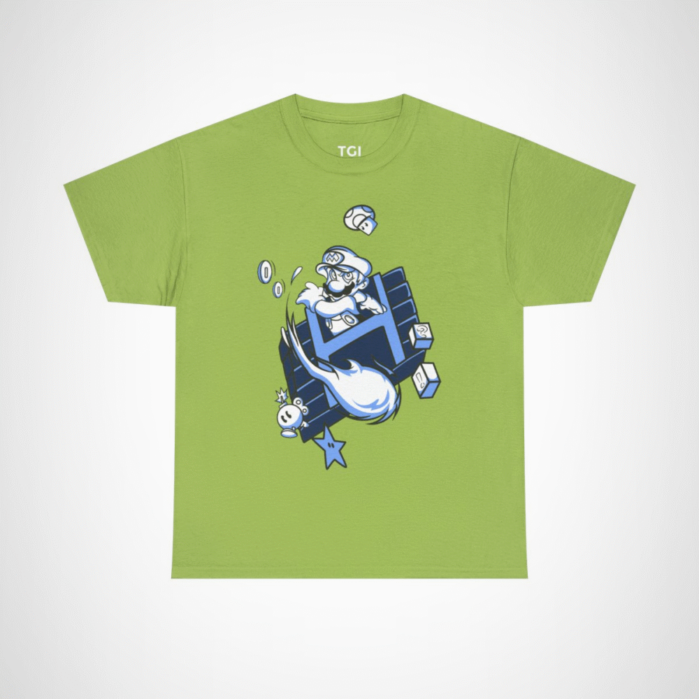 Retro Gamer Mario T-Shirt with vibrant design and gaming elements Kiwi colour