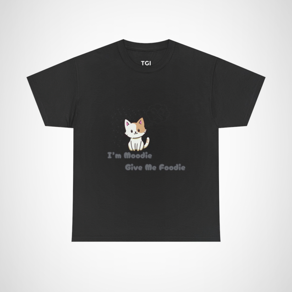 Cute 'I'm Moodie, Give Me Foodie' cat t-shirt for pet lovers, showcasing a playful design and soft fabric Black colour