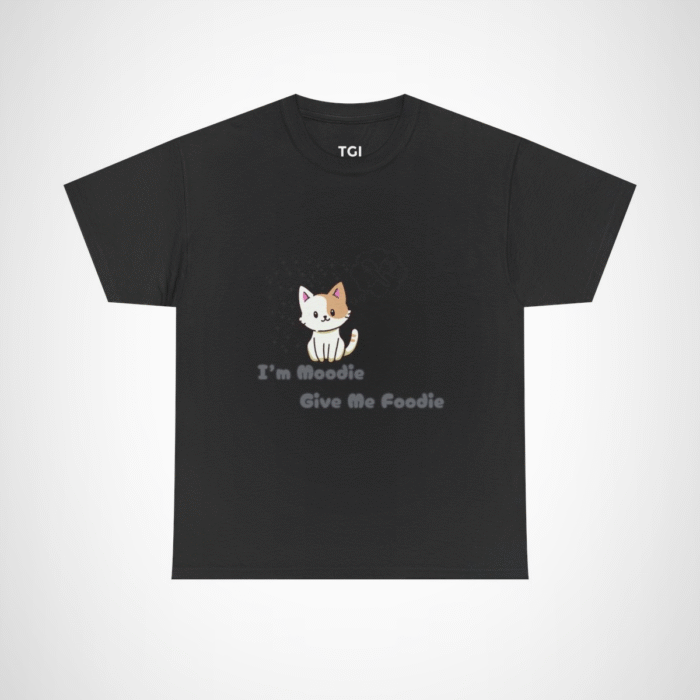 Cute 'I'm Moodie, Give Me Foodie' cat t-shirt for pet lovers, showcasing a playful design and soft fabric Black colour