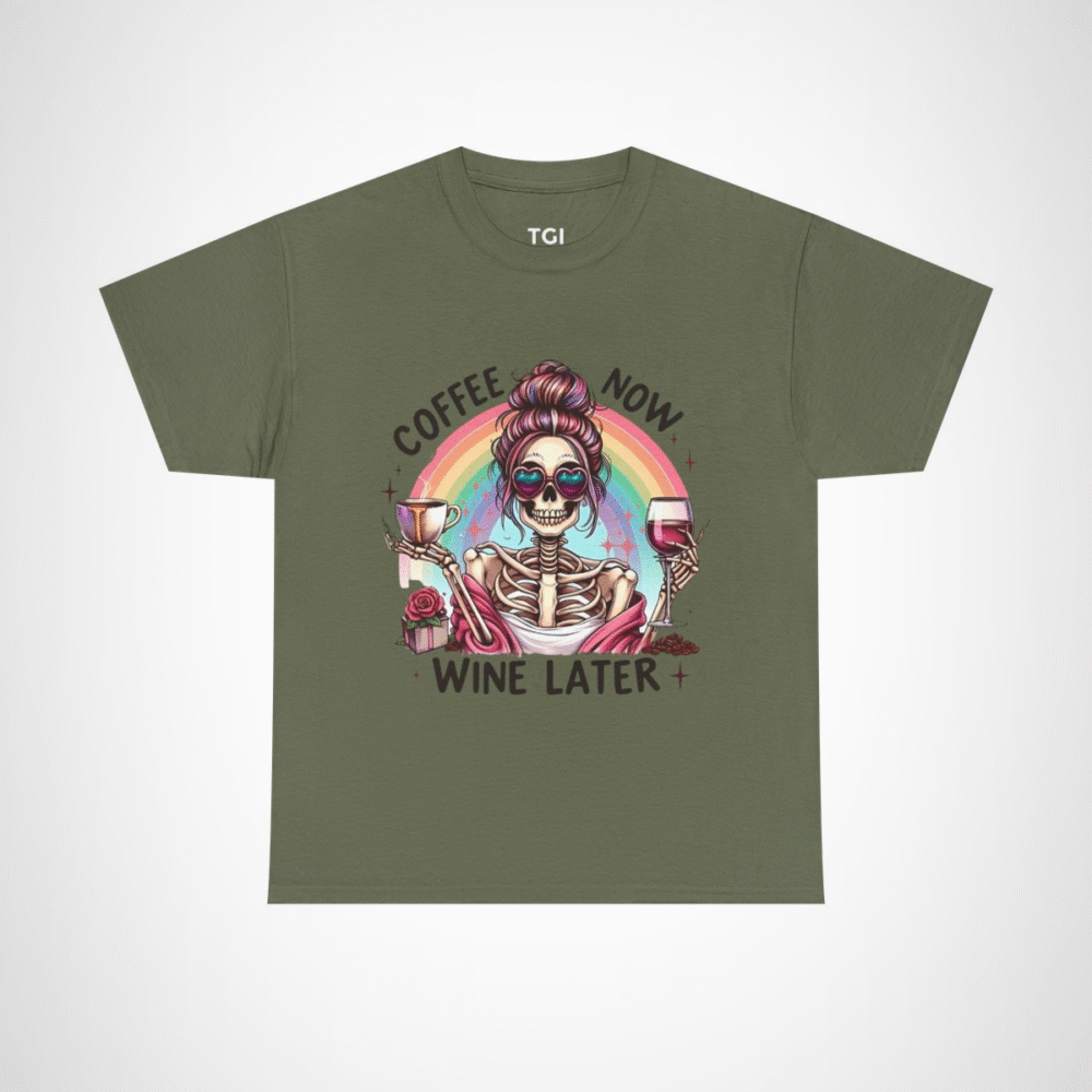 Funny Coffee Now, Wine Later Skeleton T-Shirt with vibrant rainbow design Military Green colour