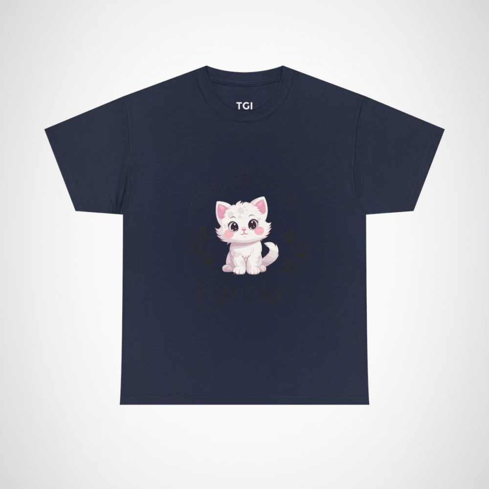Charming graphic tee featuring an adorable white cat for cat lovers Navy colour