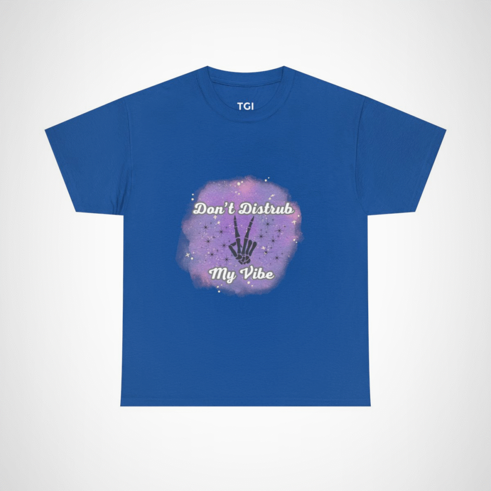 Don't Disturb My Vibe Skeleton Hand T-Shirt with a whimsical design against a watercolor backdrop Royal colour