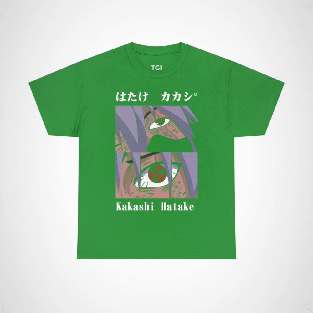 Kakashi Hatake graphic t-shirt featuring iconic character design Irish Green colour