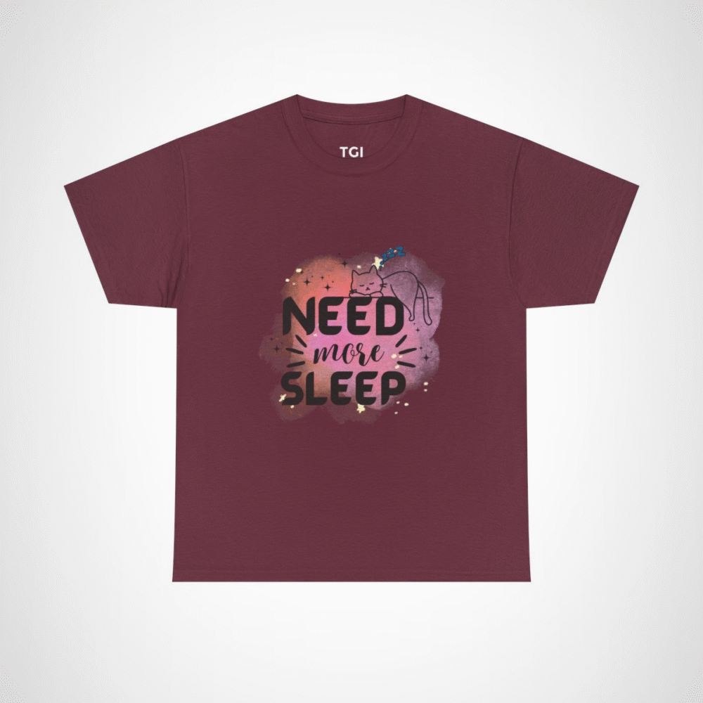 Need More Sleep Cat T-Shirt featuring a snoozing cat design Maroon colour