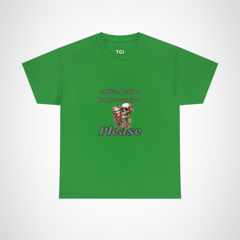 Skull design holding a coffee cup on a t-shirt for coffee lovers Irish Green colour