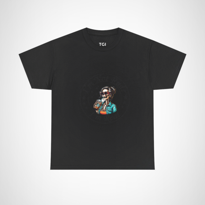 Chic skeleton t-shirt featuring skeleton with iced coffee Black colour