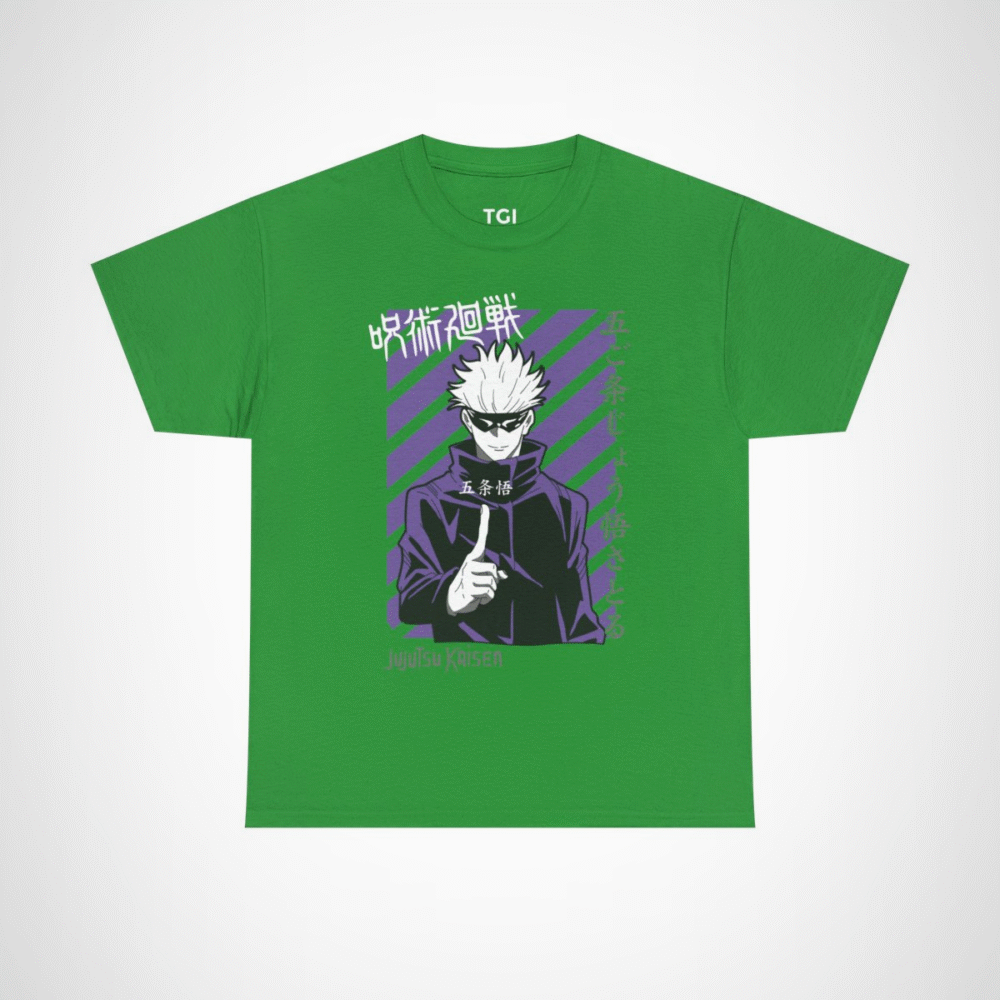 Jujutsu Kaisen Gojo Satoru T-Shirt design featuring anime character Irish Green colour
