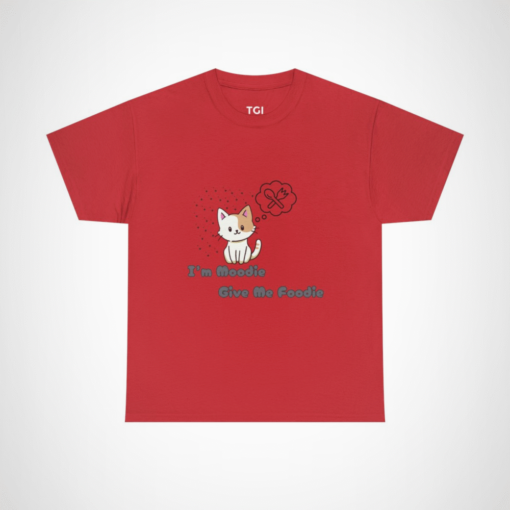 Cute 'I'm Moodie, Give Me Foodie' cat t-shirt for pet lovers, showcasing a playful design and soft fabric Red colour