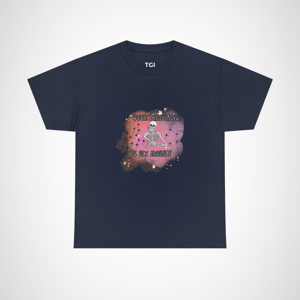 Funny 'Overthinking Is My Hobby' Skeleton T-Shirt for casual wear Navy colour