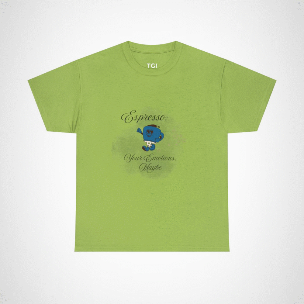 Cartoon coffee cup design on a t-shirt for coffee lovers Kiwi colour